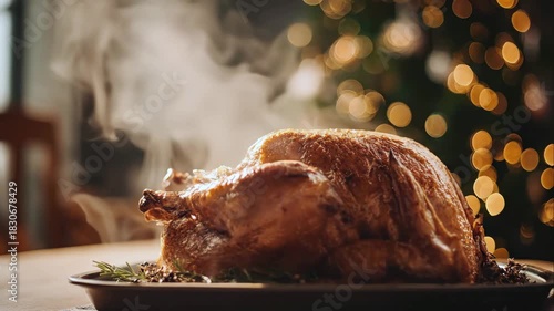 Hot freshly cooked turkey on platter sits on dining table against bokeh-effect Christmas tree backdrop