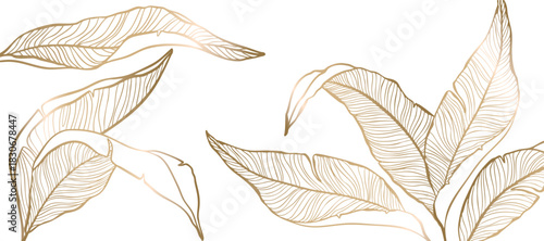 Luxury background with tropical leaves in gold line art style