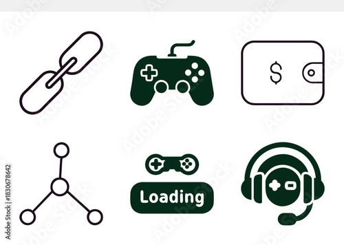 A versatile set of digital icons, featuring a chain link, game controller, wallet, network connection, loading bar, and a gaming headset, isolated on