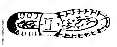 Shoe print, silhouette on snow, isolated, distressed, uneven. Vector print texture. Design element. Dirt splash grunge texture