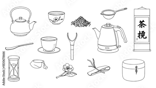 Japanese Tea Ceremony Essentials: Detailed Black Outline Line Art Collection of 14 Traditional and Modern Tea Tools on White Background