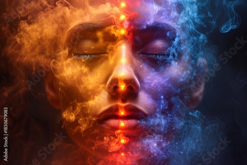 Serene Face Amid Fiery and Icy Mist, Chakra Glow