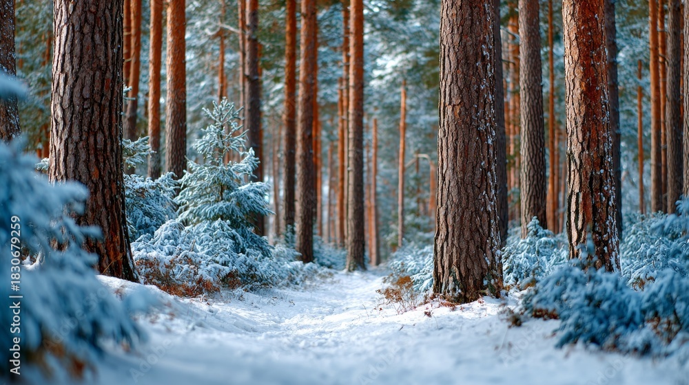 Naklejka premium Peaceful Winter Wonderland with Snow Covered Trees and a Tranquil Path Through the Frozen Forest