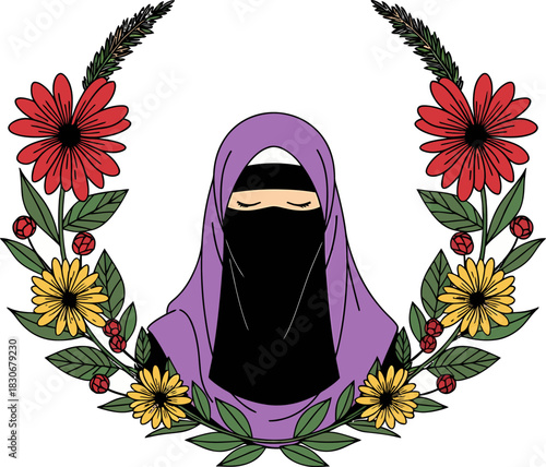 Illustration of a woman wearing a purple hijab and black niqab, framed by a vibrant floral wreath.