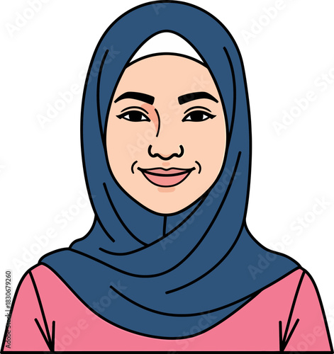 A cheerful young woman wearing a blue hijab and pink top, smiling with a friendly expression in a flat vector illustration.