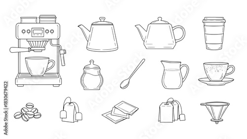 Outline Vector Collection of Coffee and Tea Brewing Essentials and Drinkware on White Background