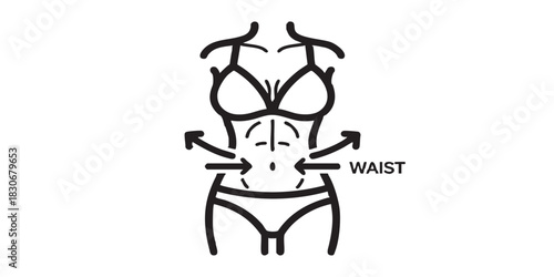 Woman figure with bikini and bra thin line icon, body building concept. Vector graphics. Diet arrows and waist measurement sign on white background, style icon mobile or web design.