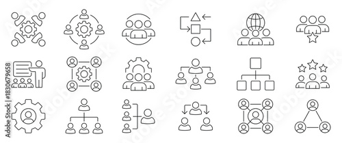 Teamwork line icon set. Organization management line icon set. Human resource organization management icons.