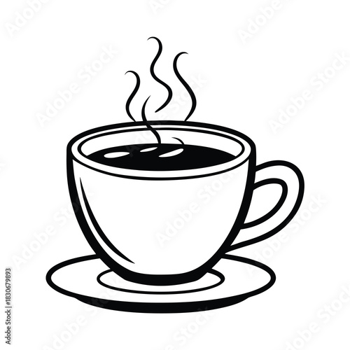 A steaming hot cup of coffee or espresso mug drink is a popular cafe beverage icon symbol for morning breakfast