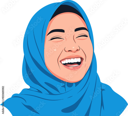A smiling young woman wearing a blue hijab, her eyes closed in joyous laughter, showcasing a cheerful and positive expression.