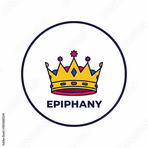 Elegant golden crown with jewels and the word Epiphany inside a circle.