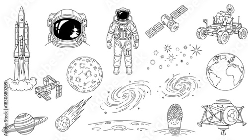 Comprehensive Space Exploration Icon Set: Black Outline Illustrations of Astronauts, Rockets, Celestial Bodies, and Spacecraft on White Background, Detailed Doodle Style