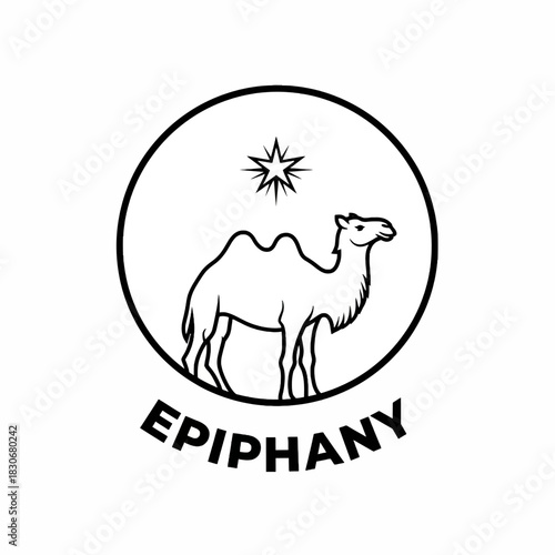 Camel and Star of Bethlehem in Circle with Epiphany Text.