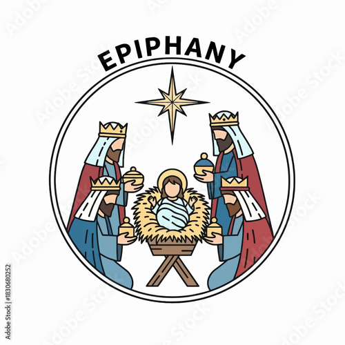 Epiphany Illustration - Three Kings and Baby Jesus in Manger.