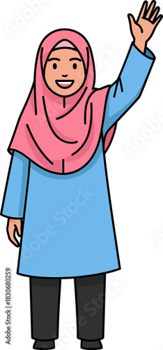 A smiling young Muslim woman wearing a pink hijab and blue tunic, waving her hand in a friendly gesture.