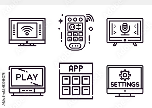 Modern smart tv and entertainment system line icons, featuring displays with wifi, voice control, play functions, app interfaces, and settings, and a wireless remote control