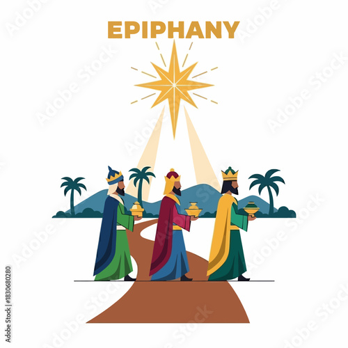 Three wise men following the star of Bethlehem on Epiphany.