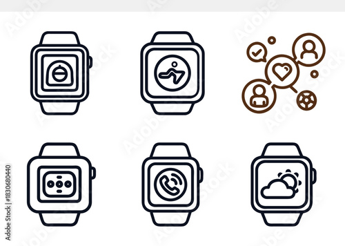 Smartwatch line icons showing fitness, communication, weather, and settings, with connected health and social activity symbols, representing modern wearable tech