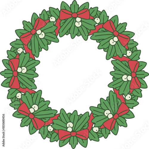 A festive Christmas wreath illustration composed of green holly leaves and white berries, decorated with multiple red ribbon bows arranged in a circle.