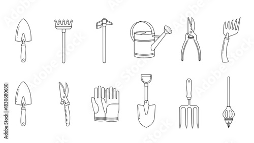 A Grid of Twelve Flat Line Art Gardening Tools Icons on White Background