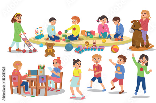 Large set with children. Children in kindergarten playing with toys on a white background. Vector