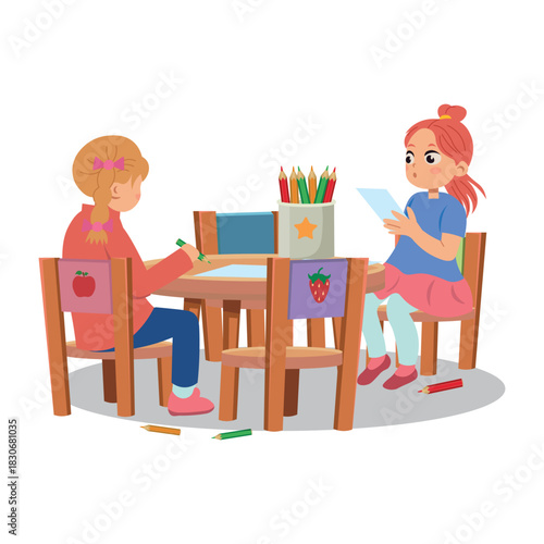 Children drawing at a table on a white background vector.