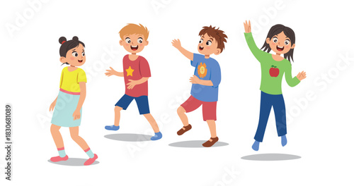 Children in kindergarten playing with toys on a white background. Children run and jump.Vector