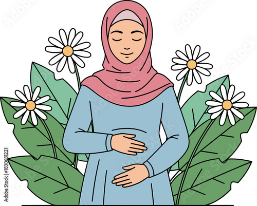 Peaceful Muslim woman in hijab with closed eyes and hands on stomach, surrounded by green foliage and white flowers.