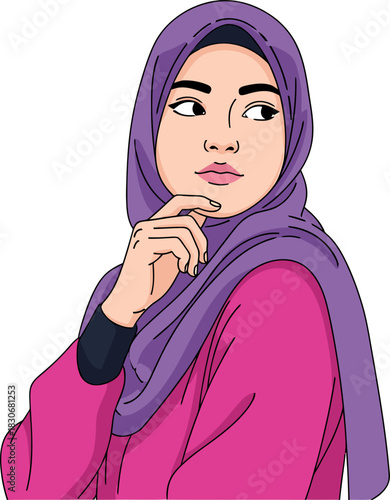 Illustration of a thoughtful young Muslim woman wearing a purple hijab, looking aside with her hand on her chin.