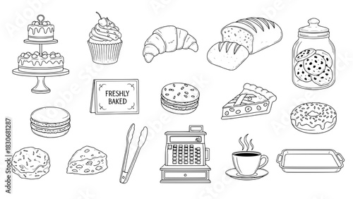 Set of 16 Hand-Drawn Black Outline Bakery, Pastry, and Cafe Icons on White Background