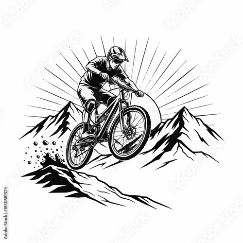 Monochrome line art illustration of a mountain biker riding downhill.