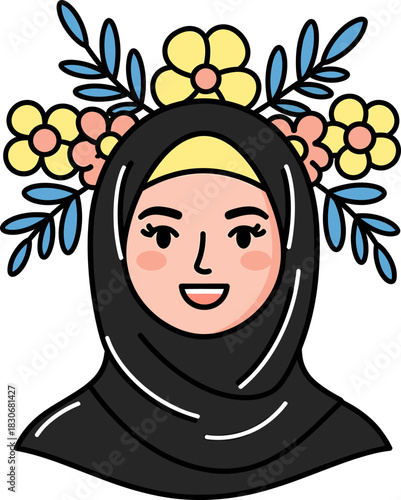 Portrait of a smiling woman wearing a black hijab and floral crown.