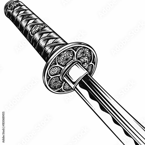 Detailed Illustration of a Japanese Katana Sword Handle and Blade.