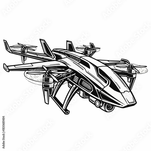 Futuristic Drone Aircraft with Multiple Rotors and Sleek Design.
