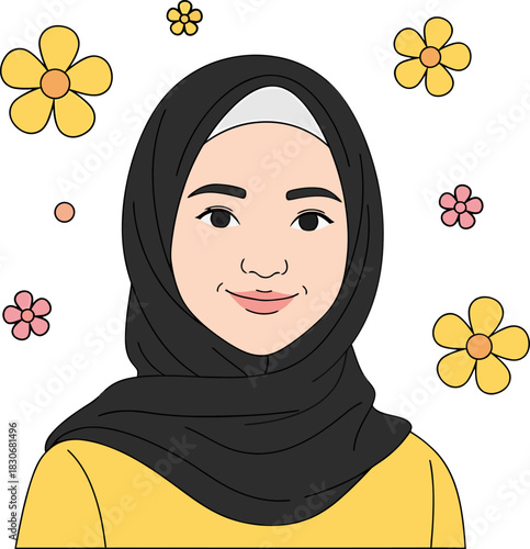 Cheerful cartoon illustration of a smiling young Muslim woman wearing a black hijab, surrounded by colorful decorative flowers.