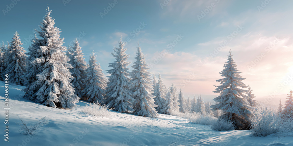 Naklejka premium Winter nature background with snow-dusted evergreens and serene horizon, crisp winter clarity, calm balanced proportions, gentle atmospheric softness