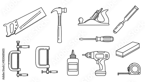 Set of 11 Outline Line Art Carpentry and Woodworking Tools Icons on a White Background