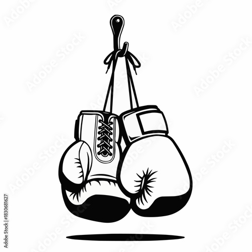 Black and white vector illustration of boxing gloves hanging on a hook.