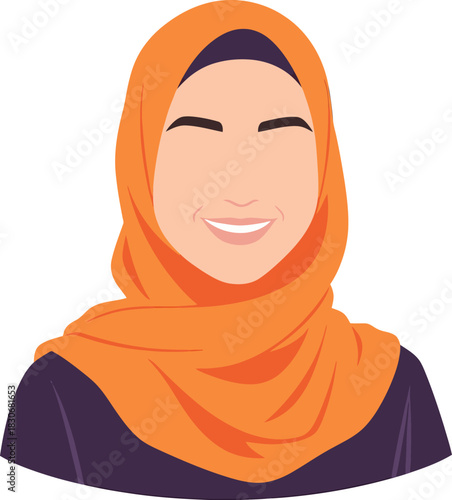 A smiling woman wearing a bright orange hijab and a dark purple top, depicted in a flat vector illustration.