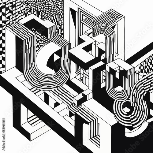 Abstract Geometric Composition with Interlocking Shapes and Optical Illusions.