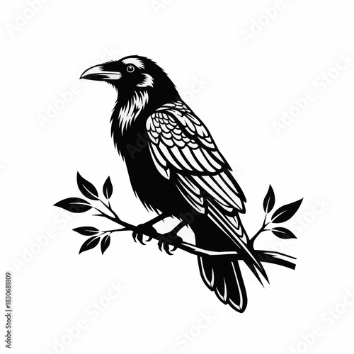 Elegant raven perched on a branch, a symbol of mystery and intelligence.