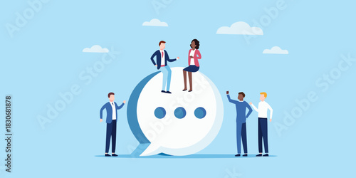 Diverse group of people communicating around a large speech bubble