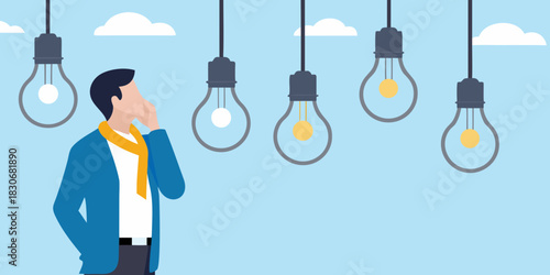 Man thinking with many light bulbs above his head