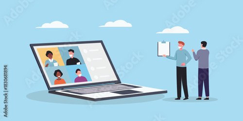 Two men presenting a video conference call on a laptop screen