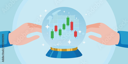 Hands holding a crystal ball showing a stock market graph with candlestick charts