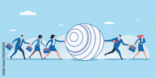 Diverse business team pushing and pulling a large striped ball forward together