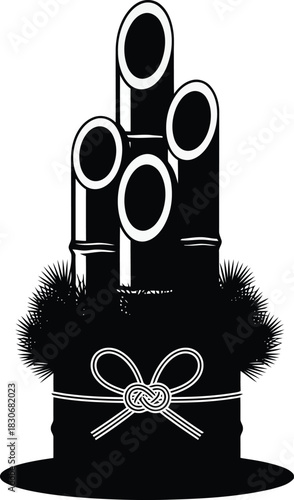 Black silhouette of Kadomatsu decoration with pine and rope