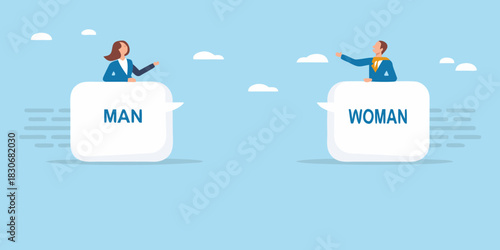 Man and woman in speech bubbles communicating on a blue sky background