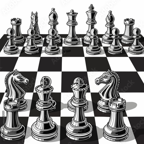 Chess pieces arranged on a checkered board ready for strategic gameplay.