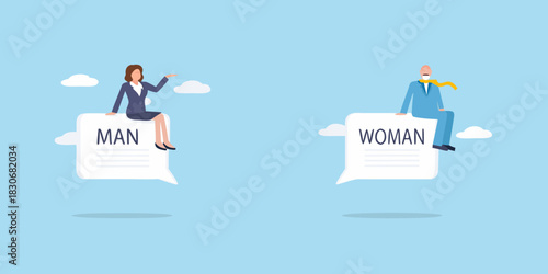 Man and woman sitting on speech bubbles representing communication differences